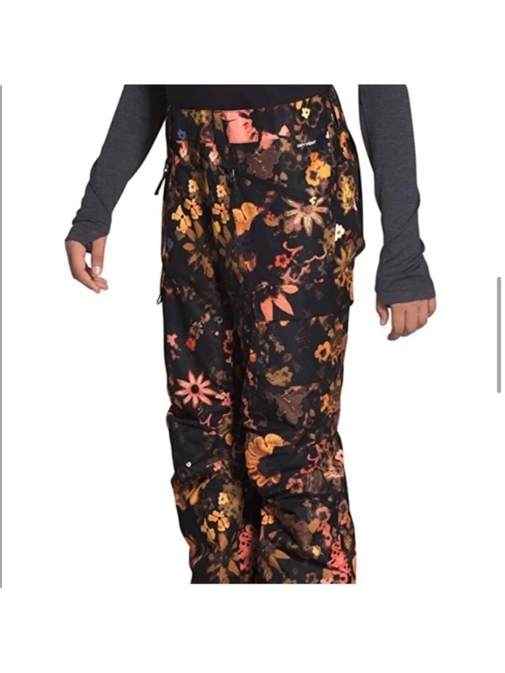 The North Face Black Floral Snow Bibs with Orange & Pink Accents - Picture 8 of 10